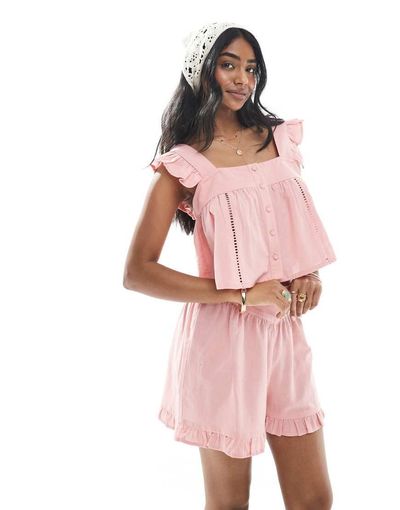 Wednesday's Girl Wednesday's Girl gauzy smock ruffle sleeve blouse in pink - part of a set