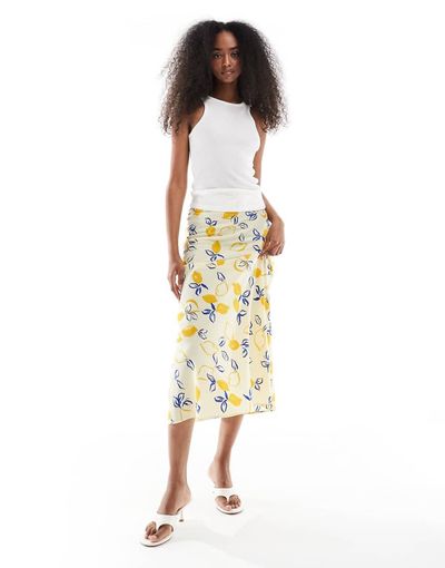 Wednesday's Girl Wednesday's Girl lemon print bias cut midaxi skirt in yellow