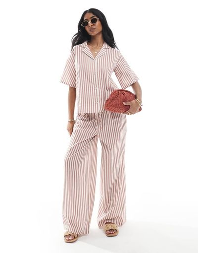 Wednesday's Girl Wednesday's Girl linen mix wide leg pants in tan stripes - part of a set-Brown