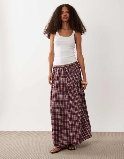 Wednesday's Girl Wednesday's Girl midaxi skirt in burgundy gingham-Red