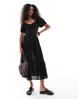 Wednesday's Girl Wednesday's Girl milkmaid tiered linen blend midi dress in black