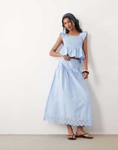 Wednesday's Girl Wednesdays Girl poplin ruffle edged midaxi skirt in pale blue - part of a set