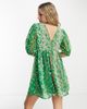 Wednesday's Girl Wednesday's Girl puff sleeve mini smock dress in green patchwork - 2