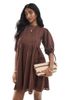 Wednesday's Girl Wednesday's Girl puff sleeve textured smocked mini dress in brown - 1