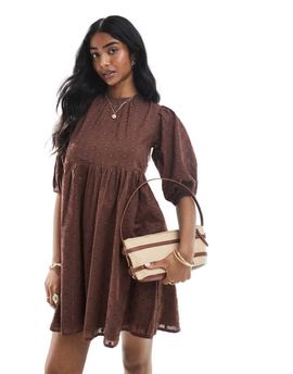Wednesday's Girl Wednesday's Girl puff sleeve textured smocked mini dress in brown
