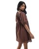 Wednesday's Girl Wednesday's Girl puff sleeve textured smocked mini dress in brown - 3