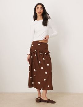 Wednesday's Girl Wednesday's Girl ruffle midi skirt in brown polka dots-Multi
