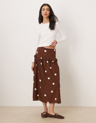 Wednesday's Girl Wednesday's Girl ruffle midi skirt in brown polka dots-Multi