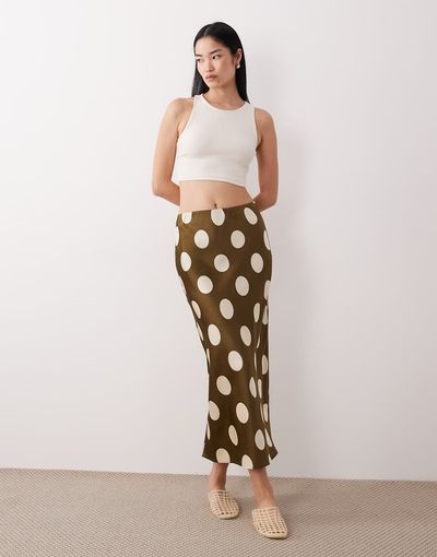 Wednesday's Girl Wednesday's Girl satin bias cut midaxi skirt in khaki-green polka dots