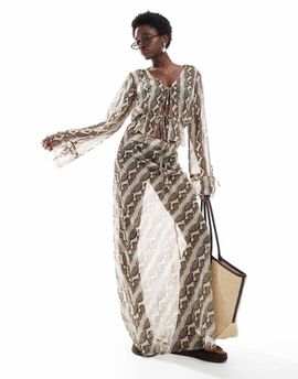 Wednesday's Girl Wednesday's Girl snake print sheer beach skirt in brown - part of a set