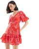 Wednesday's Girl Wednesday's Girl soleil print puff sleeve smock dress in red - 1