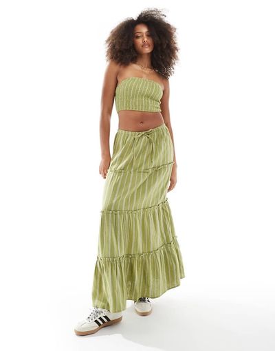 Wednesday's Girl Wednesday's Girl striped tiered maxi skirt in green - part of a set