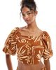 Wednesday's Girl Wednesday's Girl tile floral puff sleeve blouse in brown - part of a set - 1