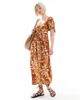 Wednesday's Girl Wednesday's Girl tile floral puff sleeve midaxi dress in brown - 1