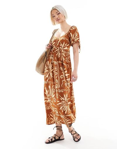 Wednesday's Girl Wednesday's Girl tile floral puff sleeve midaxi dress in brown