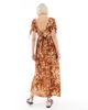 Wednesday's Girl Wednesday's Girl tile floral puff sleeve midaxi dress in brown - 3