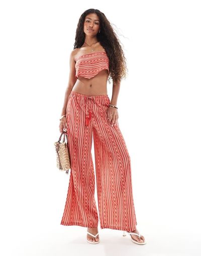 Wednesday's Girl Wednesday's Girl tile print wide leg beach pants in red
