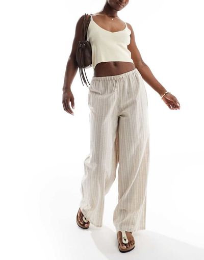 Wednesday's Girl Wednesday's Girl wide leg striped linen mix pants in beige-Neutral