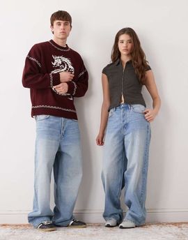 Weekday Weekday Astro Unisex low rise baggy fit jeans in dark blue wash