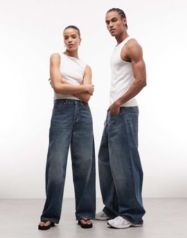 Weekday Weekday Astro Unisex low rise baggy fit jeans in faded blue wash