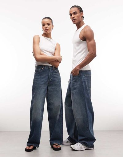Weekday Weekday Astro Unisex low rise baggy fit jeans in faded blue wash