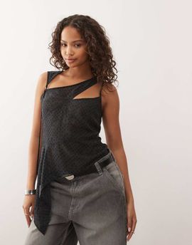 Weekday Weekday asymmetric cut away chiffon top in dark gray broken polka dot print