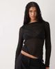 Weekday Weekday asymmetric long sleeve mesh top with seam detailling in black - 1