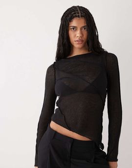 Weekday Weekday asymmetric long sleeve mesh top with seam detailling in black