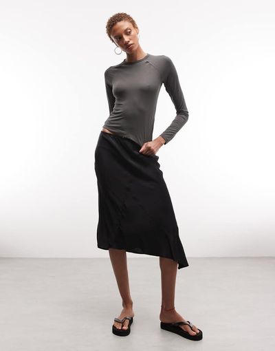 Weekday Weekday asymmetric satin skirt in black