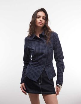 Weekday Weekday asymmetric shirt with slit detail in dark blue stripe