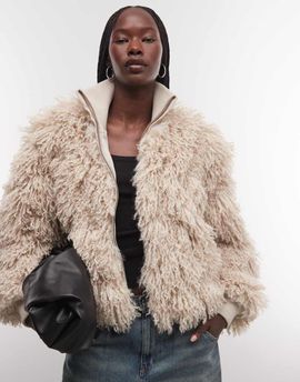 Weekday Weekday boxy fit faux fur jacket in light mole-Brown