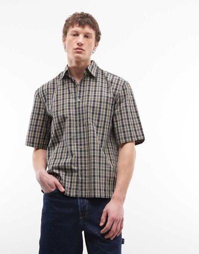 Weekday Weekday boxy oversized short sleeve shirt in navy and yellow plaid