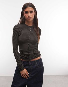 Weekday Weekday button front long sleeve top in black & khaki stripes