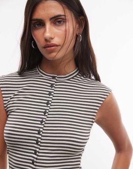 Weekday Weekday button front tank top in dark gray and beige stripes