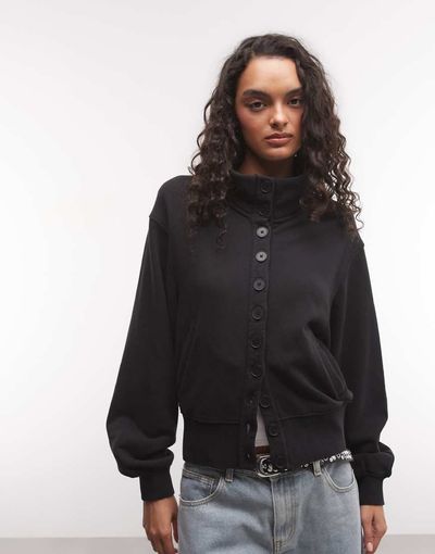 Weekday Weekday button up jacket with double layer funnel neck collar detail in black
