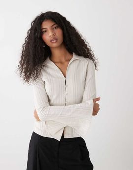 Weekday Weekday button up long sleeve shirt in beige stripes-Brown