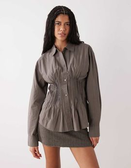 Weekday Weekday cinched shirt with ruching and peplum hem in gray stripes