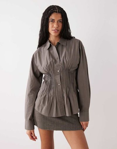 Weekday Weekday cinched shirt with ruching and peplum hem in gray stripes