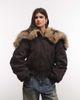 Weekday Weekday cropped bomber jacket with faux fur zip hood in dark brown - 1