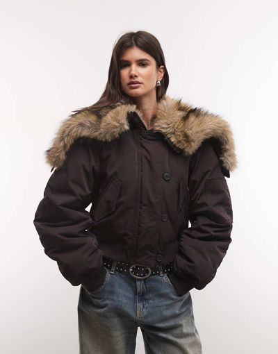 Weekday Weekday cropped bomber jacket with faux fur zip hood in dark brown