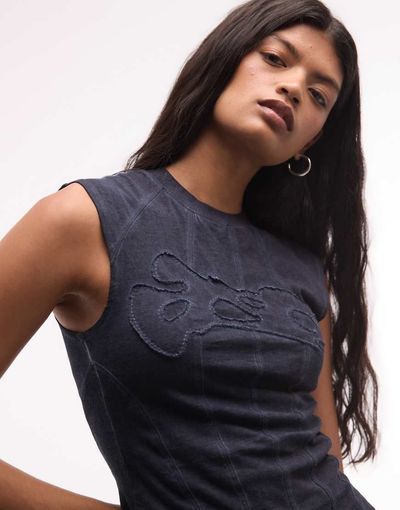 Weekday Weekday cutline tank top with appliqué graphic detailing in washed dark blue