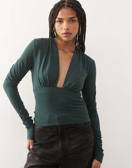 Weekday Weekday deep halter neck long sleeve top in petrol green - exclusive to ASOS