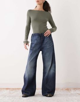 Weekday Weekday denim wide leg sweatpants without waistband in mid blue