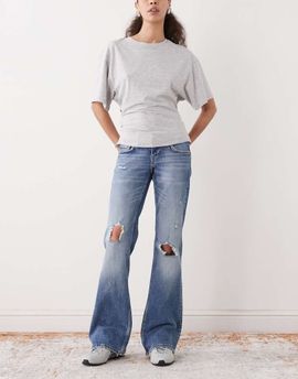Weekday Weekday distressed bootcut flared jeans in mid blue