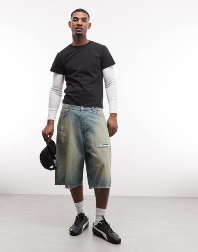 Weekday Weekday drop crotch distressed festival jorts in dirty blue wash