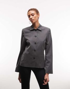 Weekday Weekday fitted linen button up jacket in dark gray