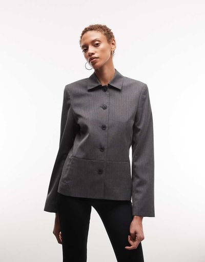 Weekday Weekday fitted linen button up jacket in dark gray