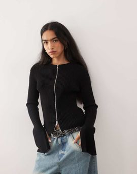 Weekday Weekday fitted zip up cardigan with sleeve zip detailing in black