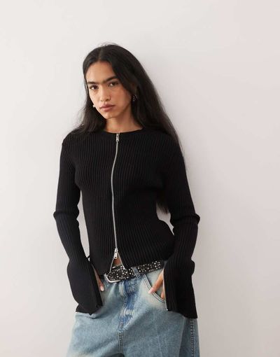 Weekday Weekday fitted zip up cardigan with sleeve zip detailing in black