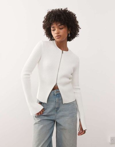 Weekday Weekday fitted zip up cardigan with sleeve zip detailing in off white